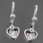 Preview: Brisur 23x7mm Ohrring Herz mit Schmetterling hellblau pink lackiert Silber 925