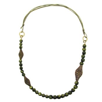 Kette 3x Blattperle oliv 10mm Perlen olivgrün gedrückt Kordel oliv 90cm