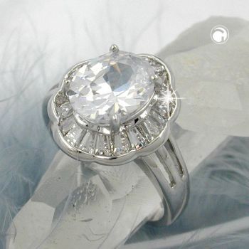 Ring 16x14mm ovaler Zirkonia mit vielen kleinen rhodiniert Ringgröße 54