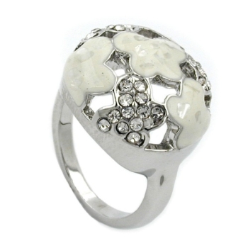 Ring 17mm mit weißen Glassteinen weiß-emaillierten Flächen rhodiniert Ringgröße 50