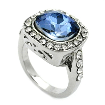 Ring 15,5mm großer blauer Glasstein mit kleinen weißen Zirkonias rhodiniert Ringgröße 54