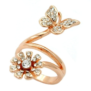 Ring 32mm Schmetterling und Blume mit weißen Glassteinen rotvergoldet Ringgröße 50