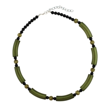 Kette 34x10mm Rillenwalze olivgrün Perle schwarz Kunststoff 45cm