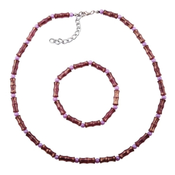 Set Kette Armband 14x5mm Perlen lila-goldfarben Kunststoff 42cm
