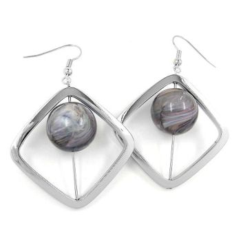 Ohrhaken Ohrhänger Ohrringe 58x39mm Viereckrahmen silber-glänzend mit Perle silber-grau Kunststoff