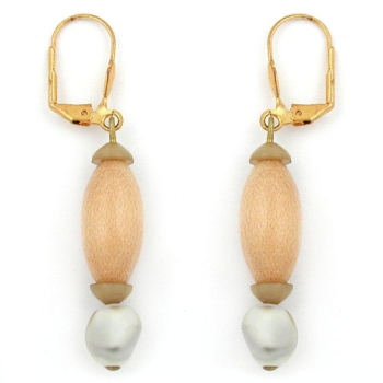 Ohrbrisur Ohrhänger Ohrringe 52mm goldfarben Holzperle hell natur und Kunststoffperle hell beige marmoriert