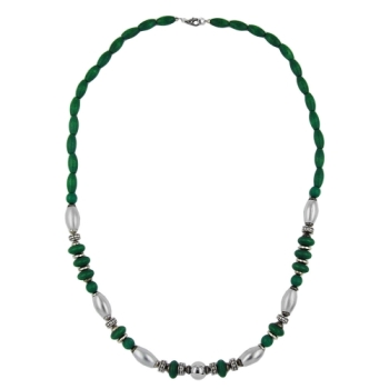 Kette 14x7mm Holzperlen grün mit Kunststoffperlen chrom matt 70cm