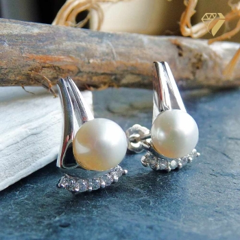 Preview: Ohrstecker 16 x 10mm Zirkonias Zuchtperle rhodiniert Silber 925