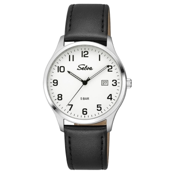 SELVA Herren Quarz Armbanduhr mit Lederband Zifferblatt weiß Ø 39mm