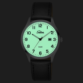 SELVA Herren Quarz Armbanduhr mit Lederband Zifferblatt leuchtend Ø 39mm