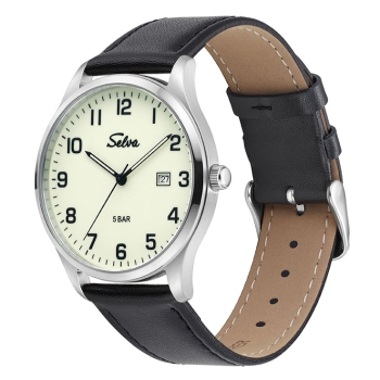 SELVA Herren Quarz Armbanduhr mit Lederband Zifferblatt leuchtend Ø 39mm