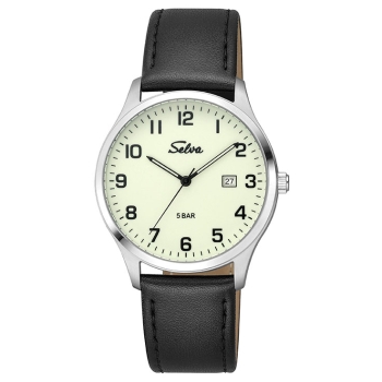 SELVA Herren Quarz Armbanduhr mit Lederband Zifferblatt leuchtend Ø 39mm