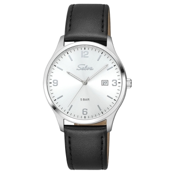 SELVA Herren Quarz Armbanduhr mit Lederband Zifferblatt silber Ø 39mm