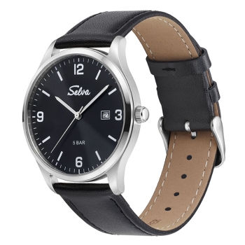 SELVA Herren Quarz Armbanduhr mit Lederband Zifferblatt schwarz Ø 39mm