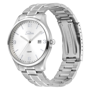 SELVA Herren Quarz Armbanduhr mit Edelstahlband, Zifferblatt silber Ø 39mm