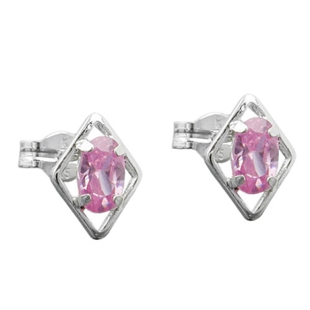 Ohrstecker Ohrring 8x6mm Rhombus mit Zirkonia pink Silber 925