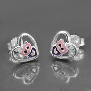 Ohrstecker Ohrring 8mm kleine Eule im Herz lila-pink glänzend Silber 925