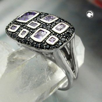 Ring 13x22mm mit Zirkonias lila-schwarz glänzend rhodiniert Silber 925 Ringgröße 58