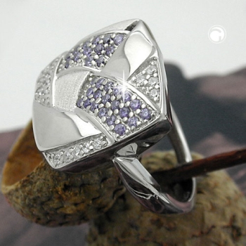 Ring 16x16mm mit Zirkonias lila-weiß matt-glänzend rhodiniert Silber 925 Ringgröße 60
