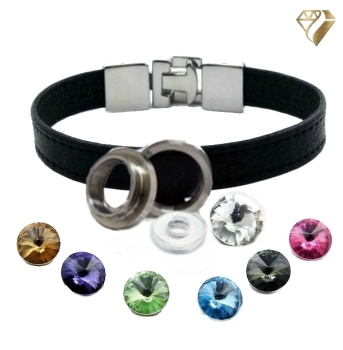 Preview: Armband Leder braun Edelstahl mit Kristall Stein oder Süßwasserperle nach Wahl