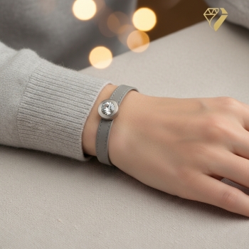 Armband Leder grau Edelstahl mit Kristall Stein nach Wahl