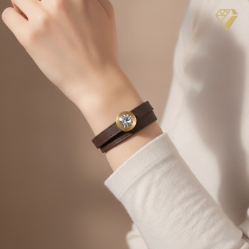 Preview: Armband Leder braun Edelstahl mit Kristall Stein nach Wahl