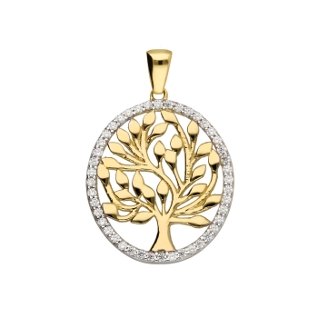 Anhänger 18mm Lebensbaum Rand oval mit Zirkonias 8Kt 333 GOLD