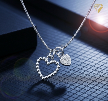 Preview: Kette und Anhänger 2 Herzen Zirkonia Silber 925 42cm+3cm