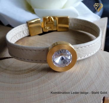 Preview: Armband Leder beige Edelstahl mit Kristall Stein oder Süsswasserperle nach Wahl