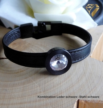 Preview: Armband Leder schwarz Edelstahl mit Kristall Stein oder Süsswaerperle nach Wahl