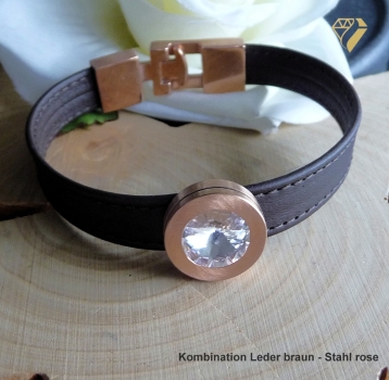 Preview: Armband Leder braun Edelstahl mit Kristall Stein oder Süßwasserperle nach Wahl