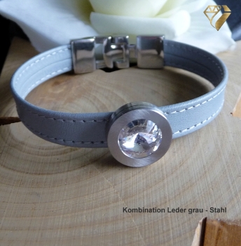 Preview: Armband Leder grau Edelstahl mit Kristall Stein oder Süßwasserperle nach Wahl