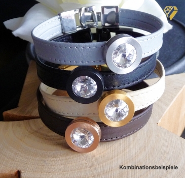 Armband Leder beige Edelstahl mit Kristall Stein oder Süsswasserperle nach Wahl