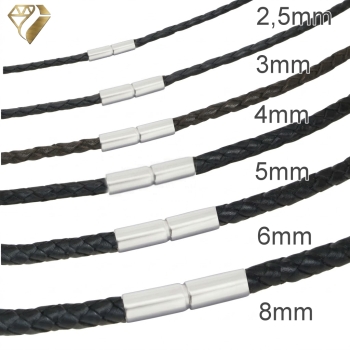 Preview: Lederband 2,5-8mm geflochten schwarz mit Edelstahl Bajonett