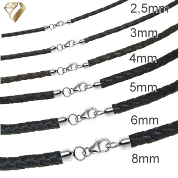 Preview: Lederband geflochten schwarz 2,5-8mm mit 925 Silber Karabiner