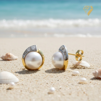 Stecker 7,8mm Süßwasserperle und Zirkonia 14Kt 585 GOLD