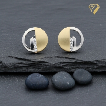 Preview: Ohrstecker bicolor  rund 7,8mm Zirkonia 14Kt 585 GOLD