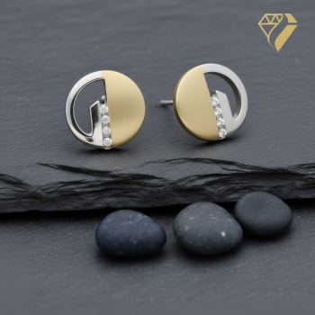 Preview: Ohrstecker bicolor  rund 7,8mm Zirkonia 14Kt 585 GOLD