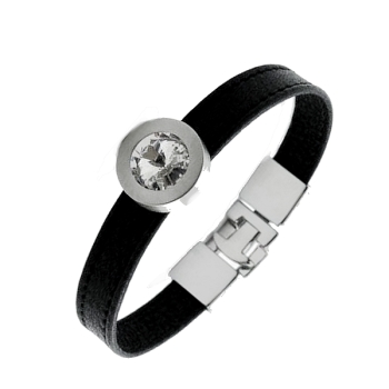 Armband Leder schwarz Edelstahl mit Kristall Stein nach Wahl