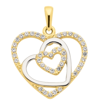 Anhänger 3 Herzen bicolor 16mm mit Zirkonia 8Kt 333 GOLD