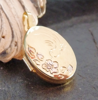 Medaillon oval Blumen Vogel 12x15mm 8Kt GOLD