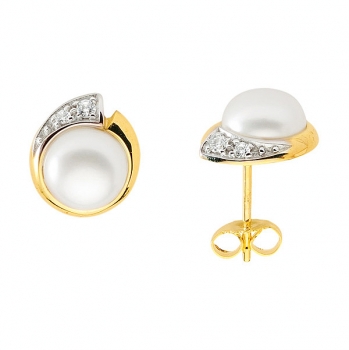 Stecker 7,8mm Süßwasserperle und Zirkonia 14Kt 585 GOLD