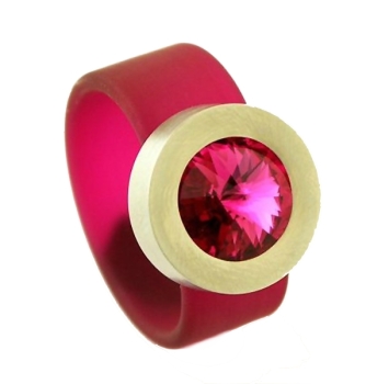 Edelstahl PVC Ring fuchsia mit Krsitall Stein nach Wahl