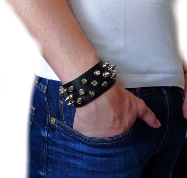 Armband Leder schwarz Edelstahl Elemente 16,5-21cm