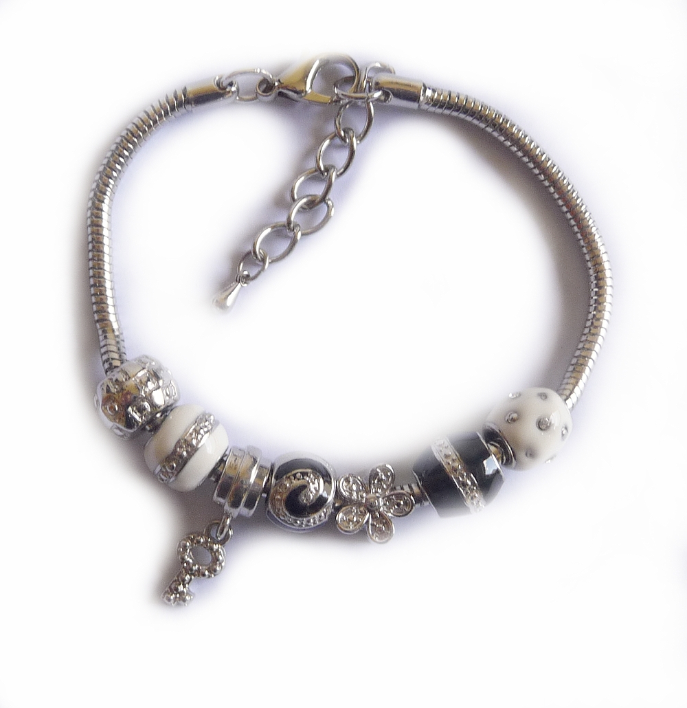 Armband Beads schwarz weiss Zirkonia Edelstahl 20cm | Edelstahlarmbänder