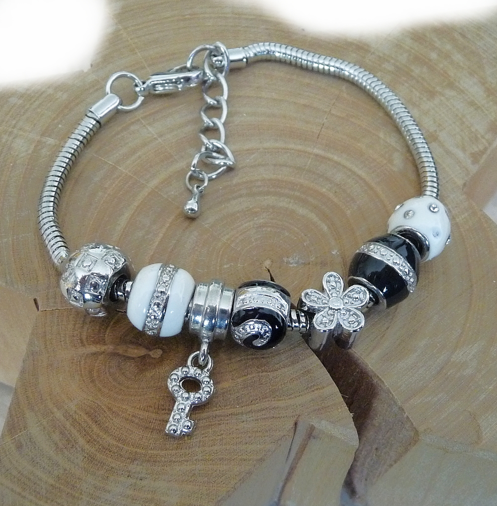 Armband Beads schwarz weiss Zirkonia Edelstahl 20cm