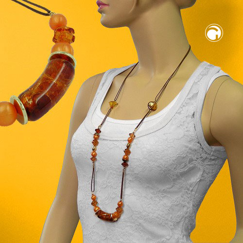Kette Kunststoffperlen braun-crash orange-braun-gold Kordel braun 90cm