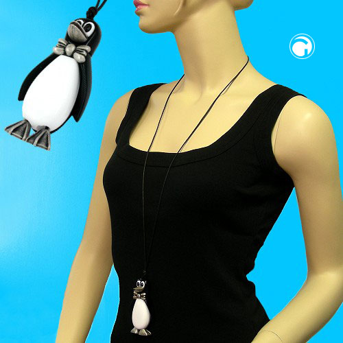 Kette Kunststoff Pinguin schwarz-weiß silbergrau Kordel schwarz 90cm