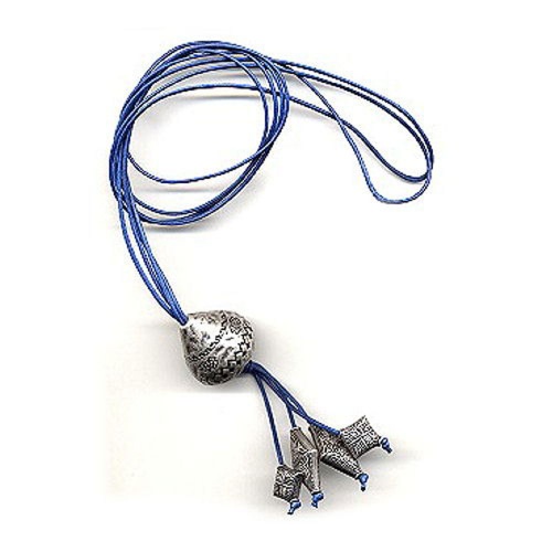 Kette 30x28mm Kegelperle Kunststoff altsilberfarben Kordel blau 100cm