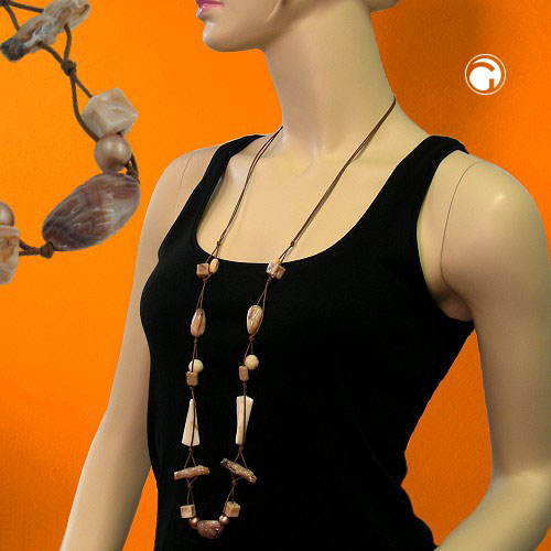 Kette Kunststoffperlen beige horn-marmoriert Kordel braun 105cm